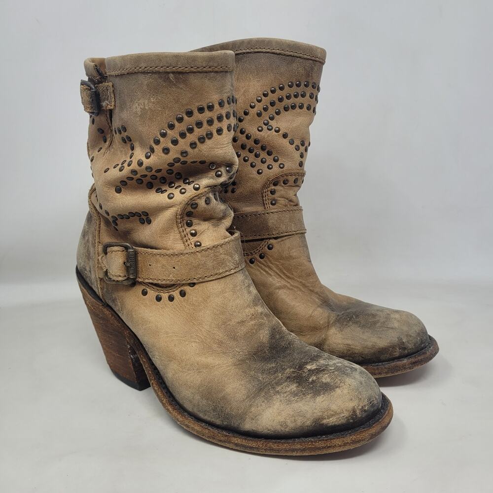 Liberty Black Boots 7 Brown Leather Burnished Gold Bronze‎ Western Studs Cowgirl